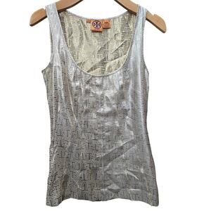 Tory Burch, Gold & Silver Metallic Logo Sleeveless Top, Size 4